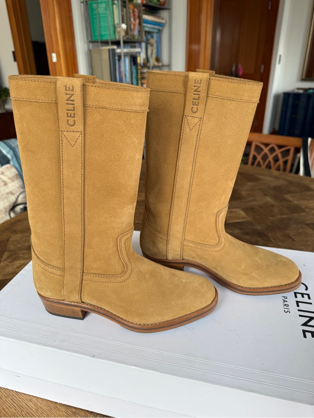 Celine Tan Suede Lace-Up Mid-Calf Boots